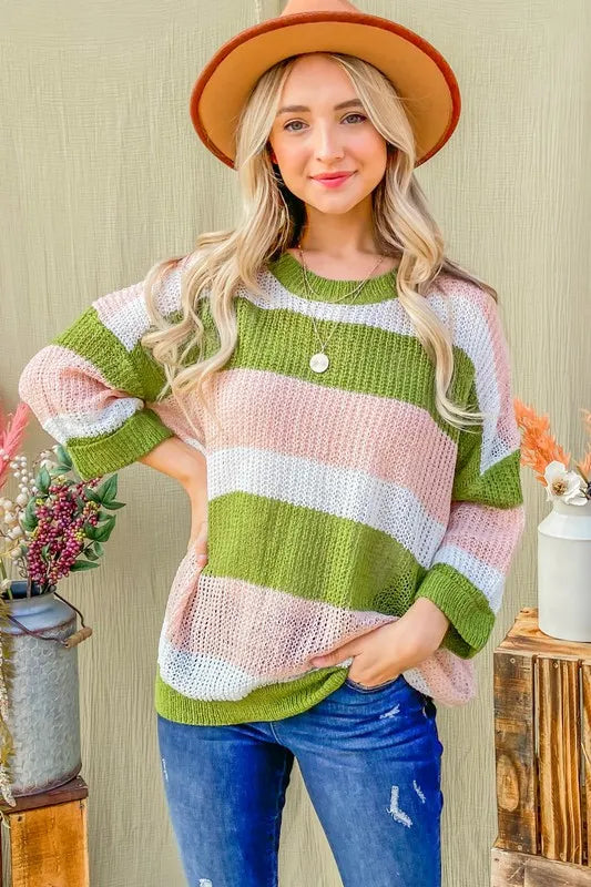 Multi Striped Mesh Pullover Spring Sweater