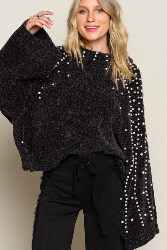 Pearl-Adorned Oversize Knit Sweater
