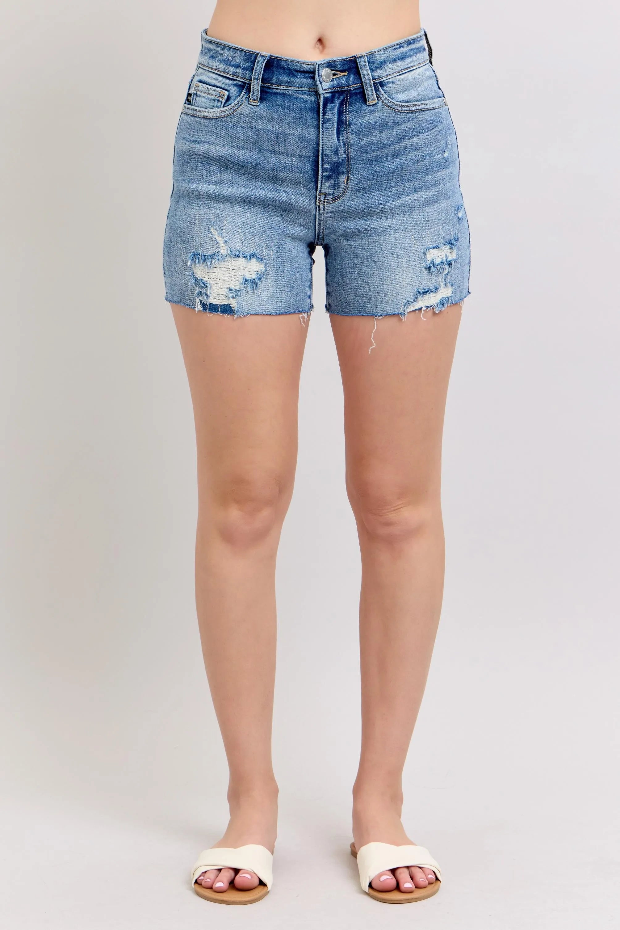 Full Size High Waist Denim Shorts W/stitch Over Destroy Detail