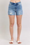 Full Size High Waist Denim Shorts W/stitch Over Destroy Detail