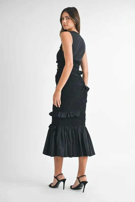 Ruffled Popcorn Smocked Mermaid Midi Dress