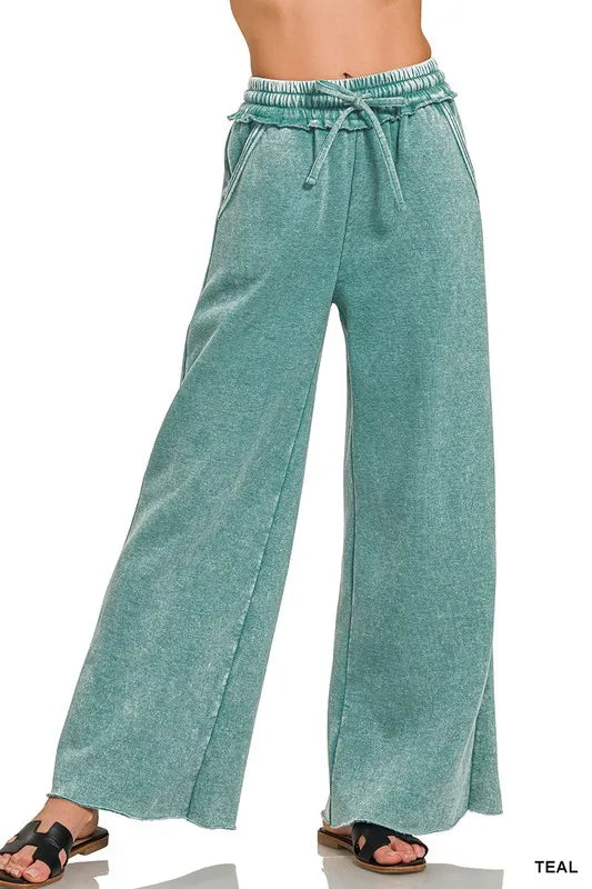 Acid Wash Fleece Palazzo Sweatpants with Pockets