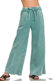 Acid Wash Fleece Palazzo Sweatpants with Pockets
