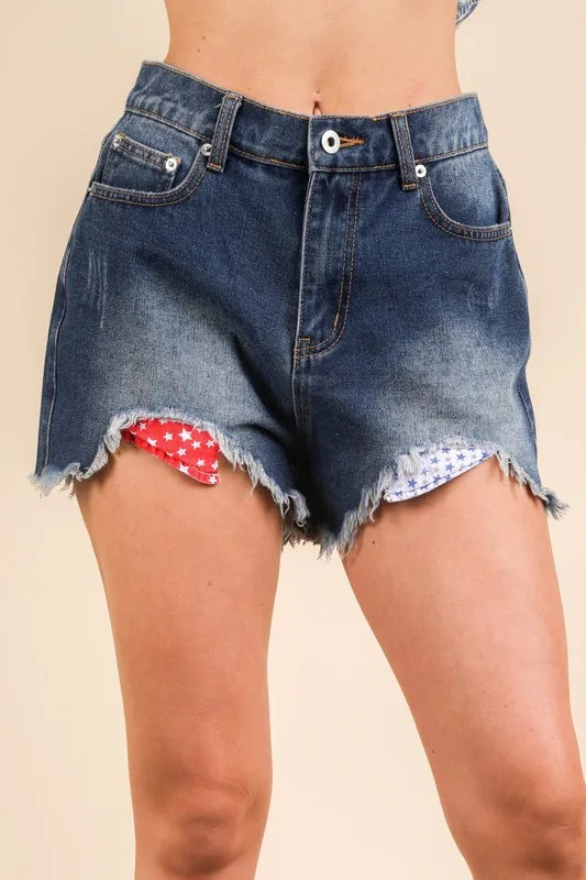 Raw Hem Pocketed Contrast Washed Denim Shorts