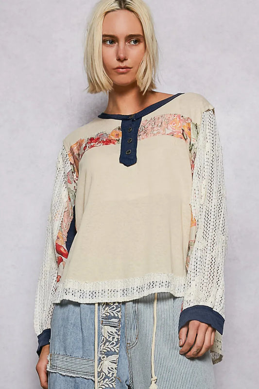 Crochet Sleeve Boho Patchwork Button Detail Top