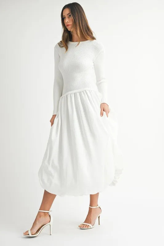 Ribbed Poplin Mix Midi Sweater Dress