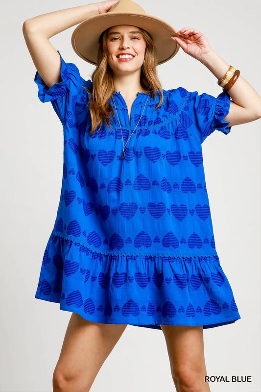 Ruffle Sleeve Heart Print Babydoll Dress