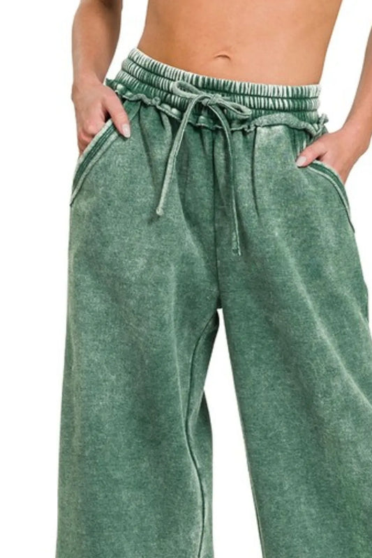 Acid Wash Fleece Palazzo Sweatpants with Pockets