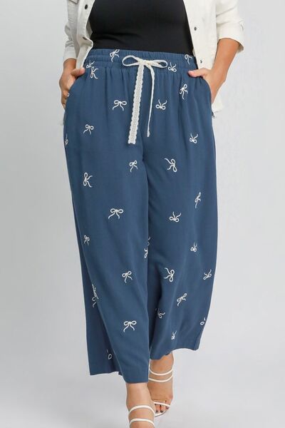 Full Size Lace Drawstring Embroidered Bow Wide Leg Pants Plus Size