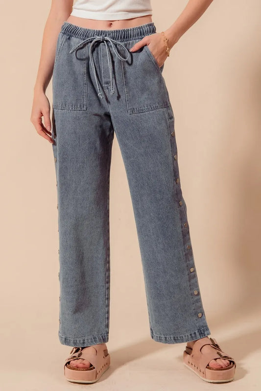 Mid-Rise Drawstring Denim with Snap Side Buttons