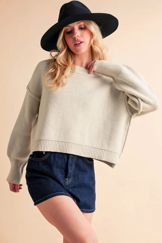 Ribbed Hem Exposed Seam Round Neck Sweater