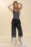 Full Size Raw Hem Linen Blend Bleach Dip Dye Wide Leg Pants Plus Size