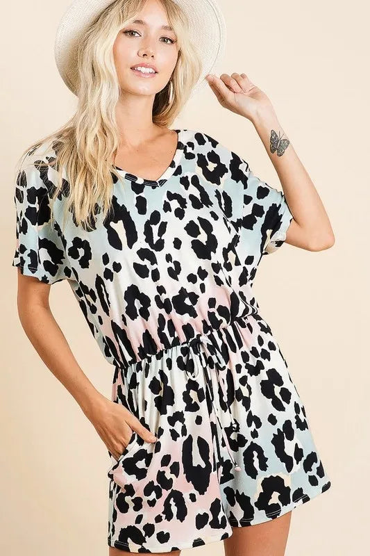Gradation Leopard Soft Knit V-neck Romper