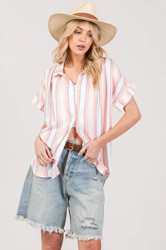 lti Stripe Button Down Short Sleeve Shirt