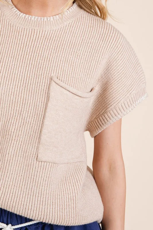 Solid Cap Sleeve Stitch Edge Knit Sweater