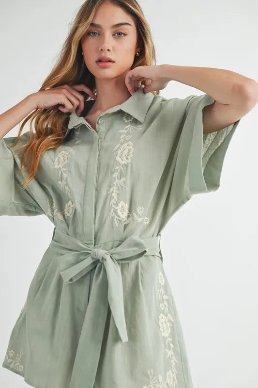 Embroidered Button Down Collared Neck Romper
