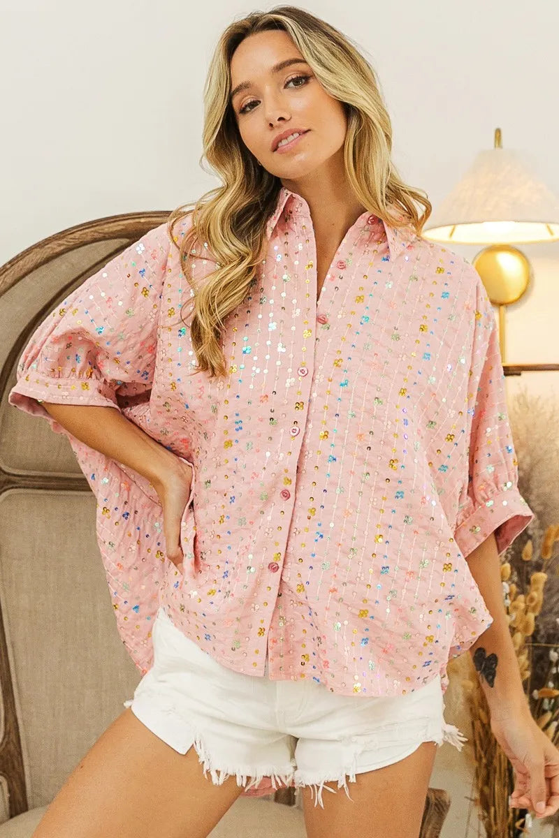 Sequin Striped Short Dolman Sleeve Blouse