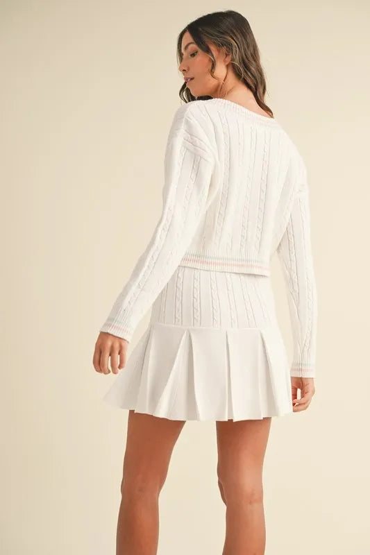 V-Neck Varsity Crop Knit Sweater and Skirt Set