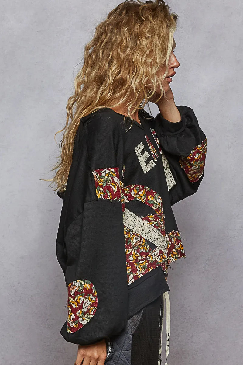 Boho Patchwork Floral V-Neck Sweatshirt