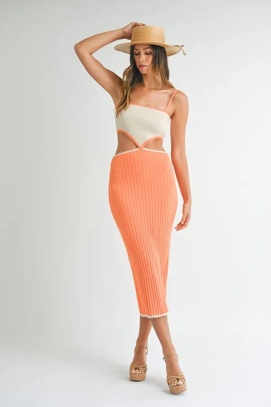 Ribbed Knit Color Block Cutout Midi Dress