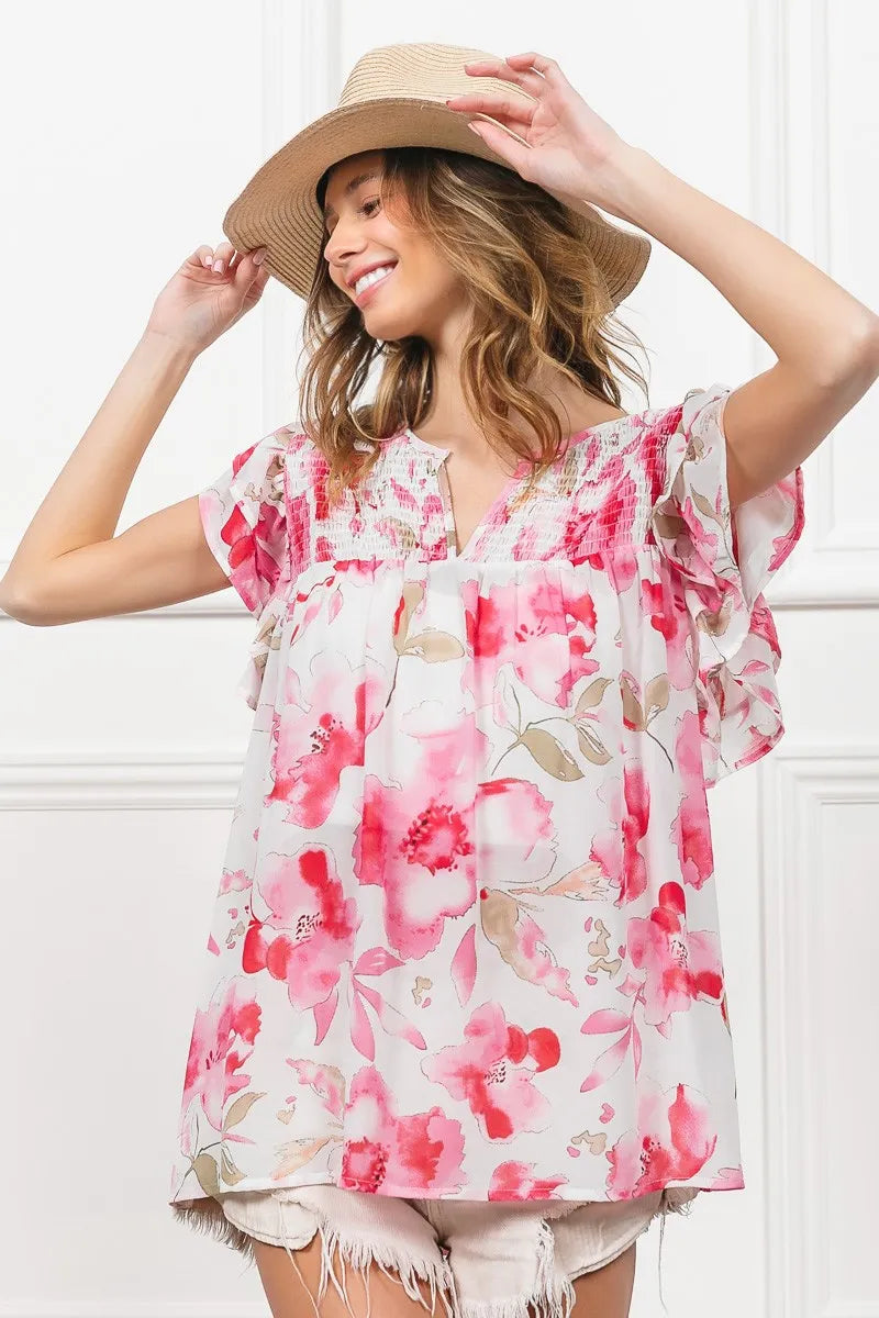 Flutter Sleeve Floral Sheer Blouse