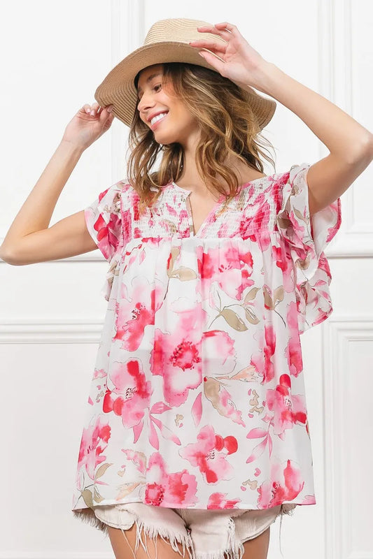 Flutter Sleeve Floral Sheer Blouse