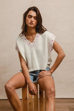 Knit Solid Contrast Stitch Detail Short Sleeves Sweater