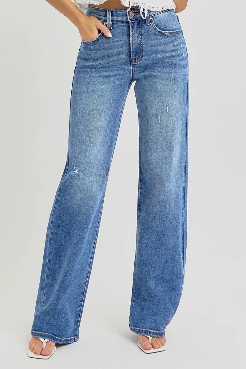 Full Length High Waisted Relaxed Fit Wide Leg Denim Jeans