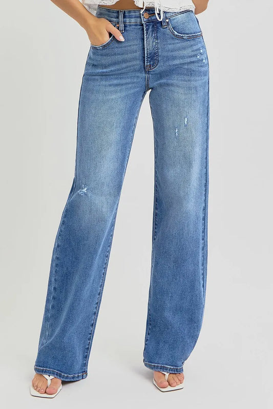 Full Length High Waisted Relaxed Fit Wide Leg Denim Jeans