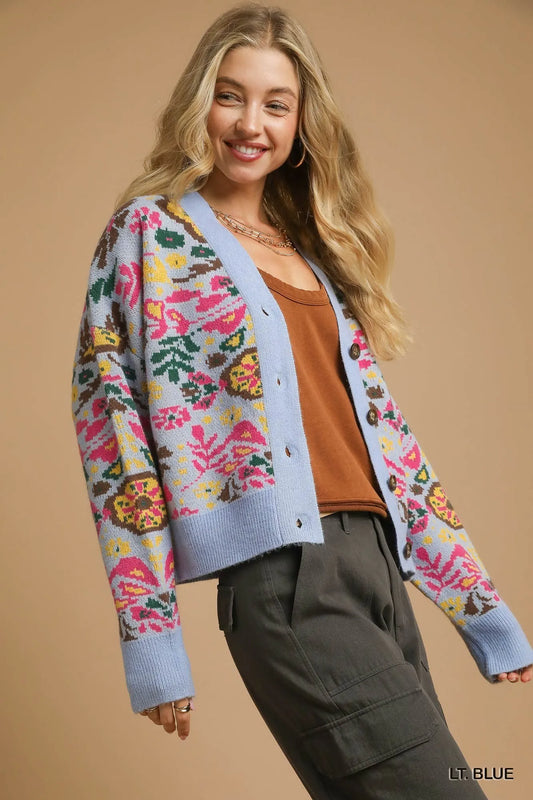 Floral Button-Up Knit Cardigan