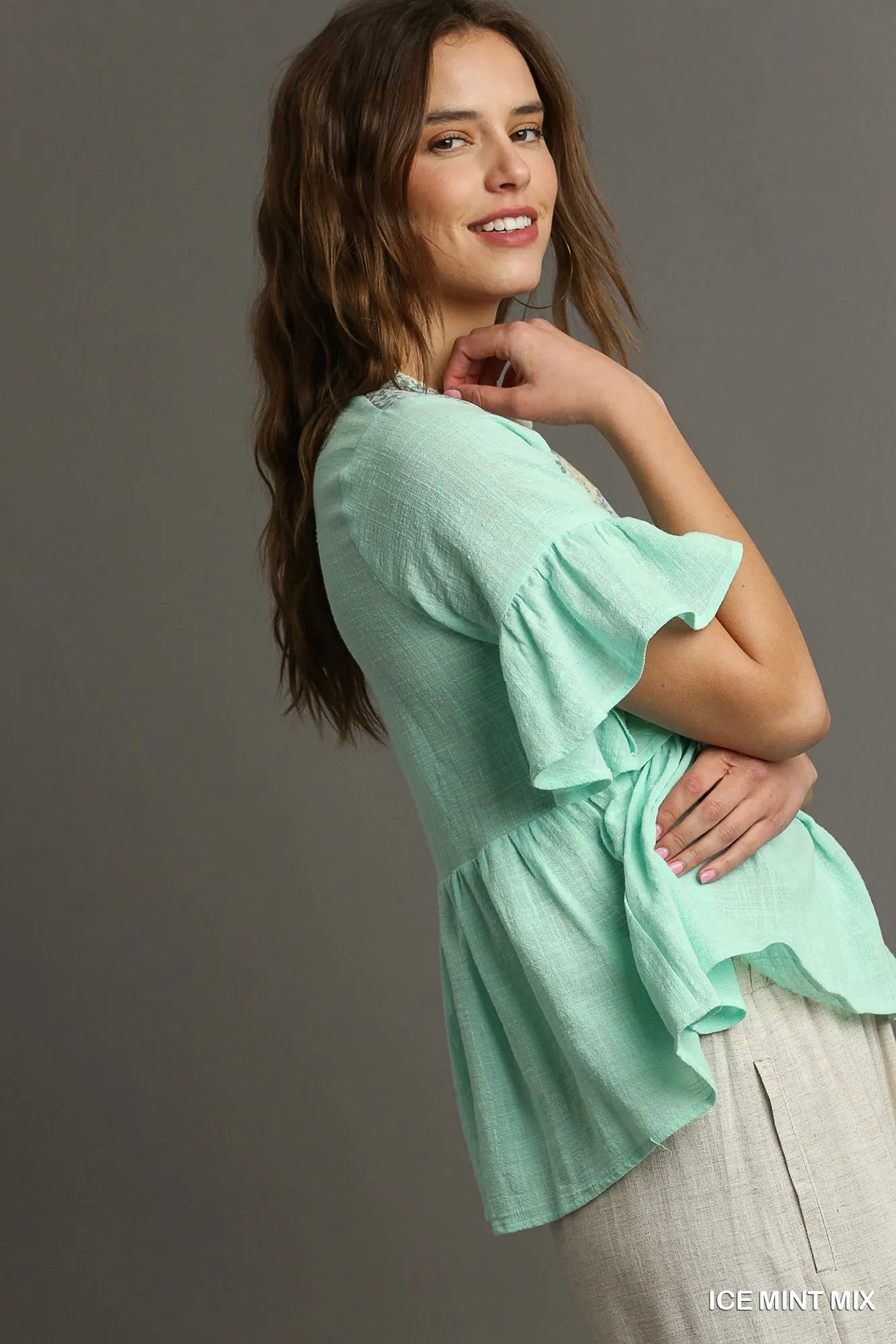 Lace-Embellished Half Sleeve Babydoll Top