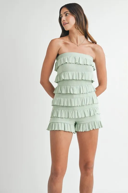 Pointelle Knit Fabric Ruffled Tube Romper