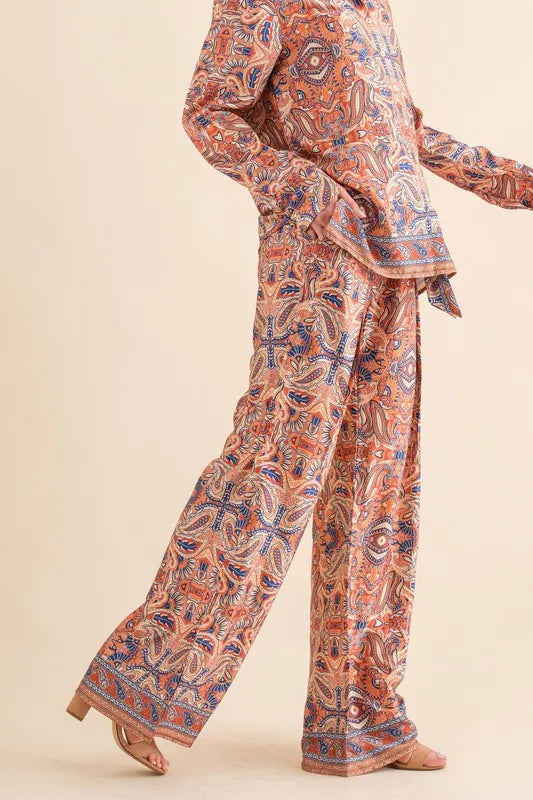 Satin Paisley Pattern Waist Ribbon Pants