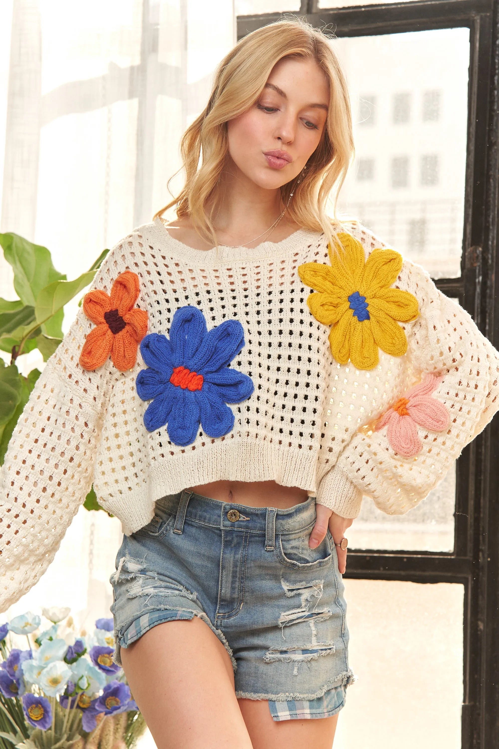 Floral Patch Sweater Crop Top