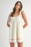 Zig Zag Embroidered Shoulder Tie Mini Dress