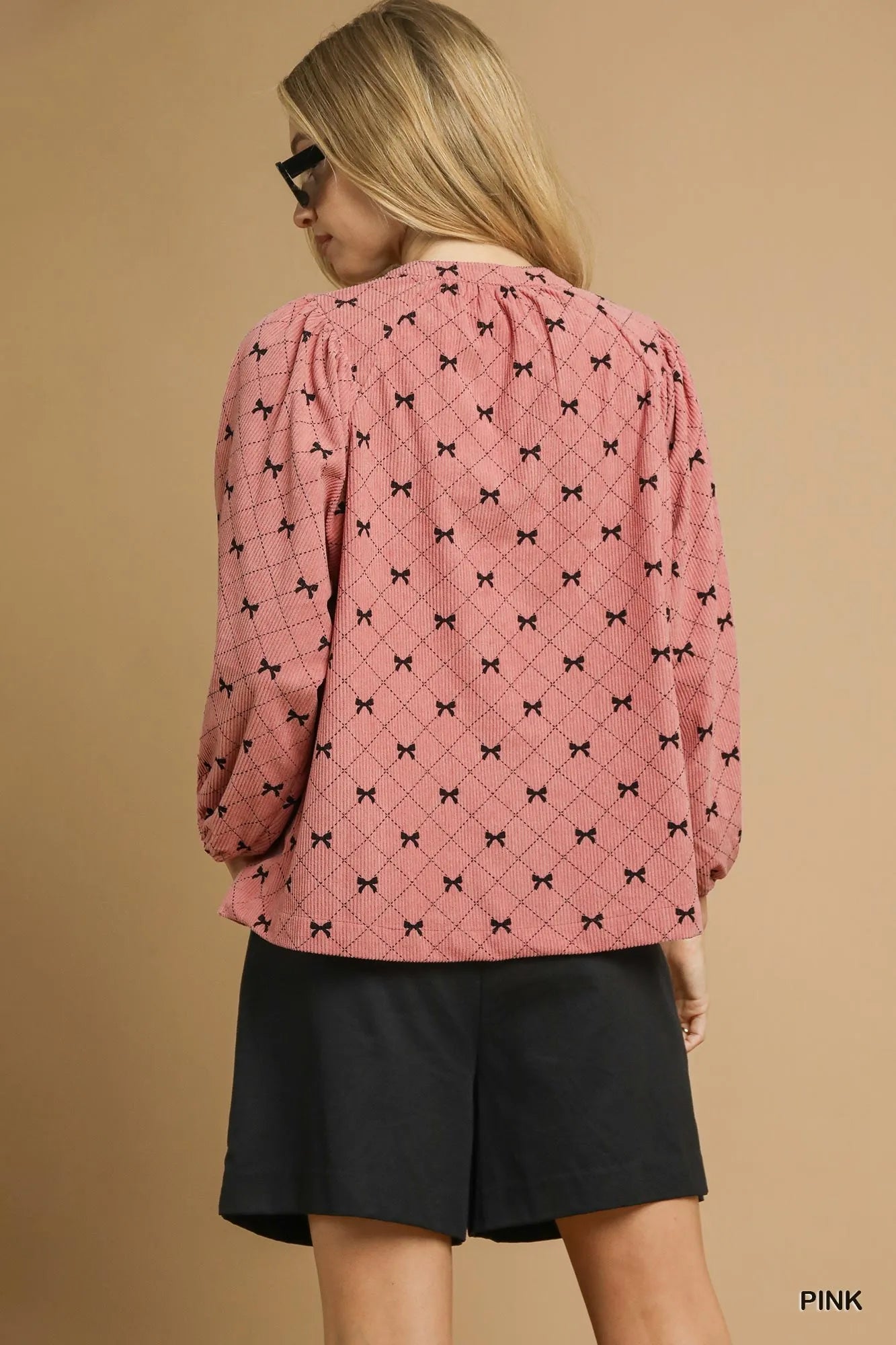 Bow Print Corduroy Balloon Sleeve Top
