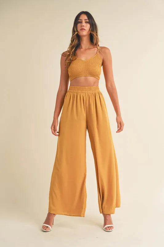 Smocked Bralette Crop Top and Wide Leg Pants Set