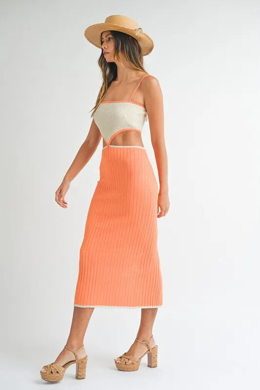 Ribbed Knit Color Block Cutout Midi Dress