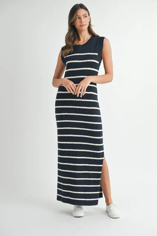 Sleeveless Stripe Sweater Maxi Side Slit Dress