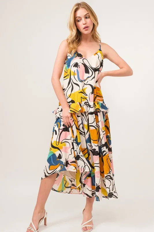 Ruffled Abstract Floral Printed Midi Cami Dress