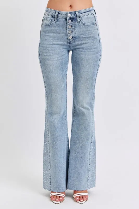 Full Size Midi Rise Rhinestone Side Panel Detail Flare Jeans Plus Size