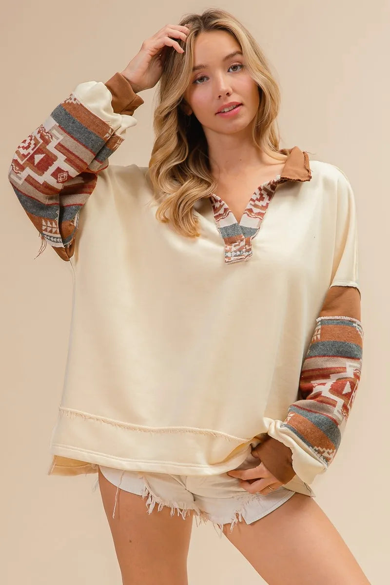 French Terry Knit and Aztec Print Mixed Top