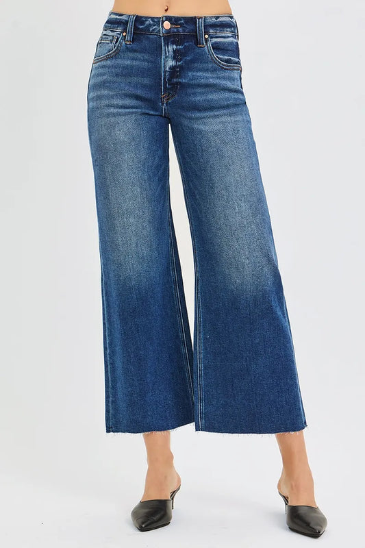 Mid-Rise Crop Raw Edge Wide Hem Jeans