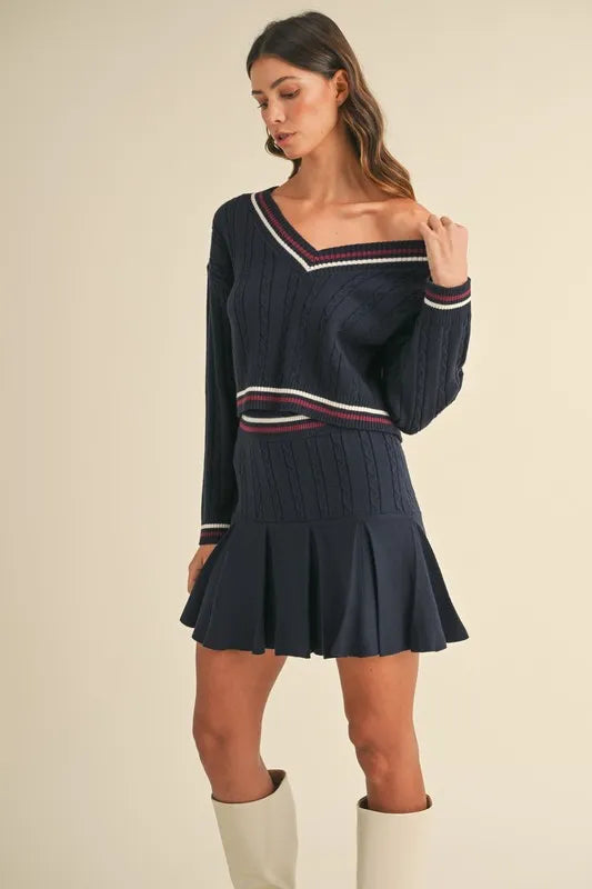 Cable-Knit Top and Pleated Skirt Sweater Set