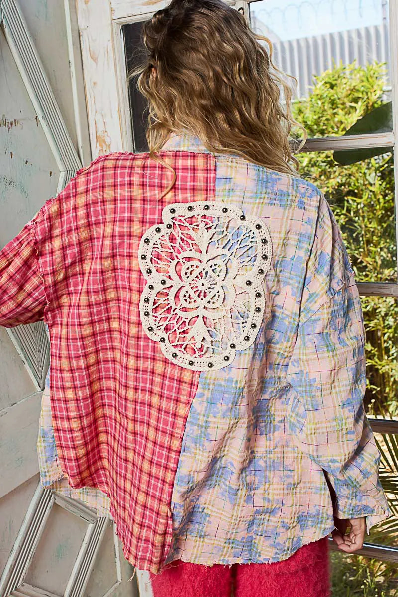 Patchwork Plaid Shirt with Trendy Contrast Pockets