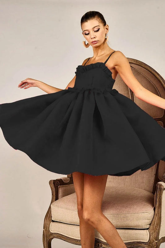 Ruffled Edge Sweet Heart Neck Sleeveless Tulle Dress