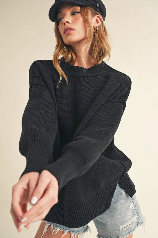 Ribbed Hem Side Slit Round Neck Sweater
