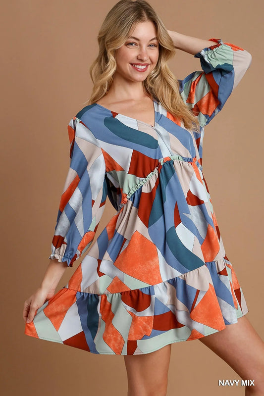 V-Neck Abstract Patterned Tiered Dress
