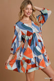 V-Neck Abstract Patterned Tiered Dress