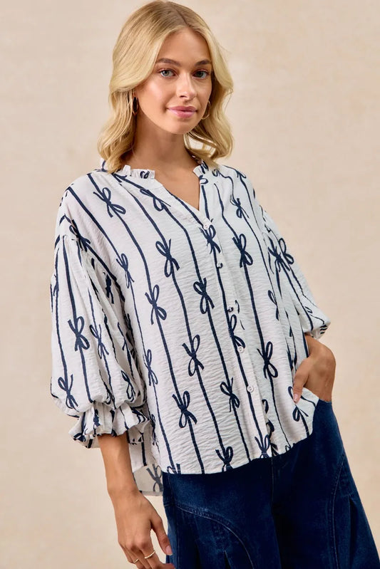Charming Bow Print Striped Balloon Sleeve Blouse